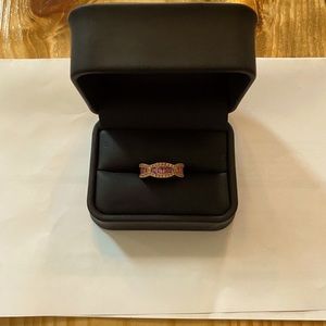 14k rose gold diamond and pink sapphire ring.